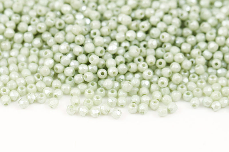 Czech Fire Polished 2.0mm Chalk Green Luster Round Beads