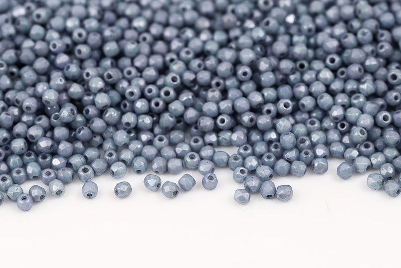 Czech Fire Polished 2.0mm Chalk Blue Luster Round Beads