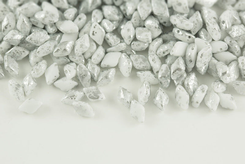 Gemduo 8×5mm Chalk Silver Splash 2-Hole Czech Beads