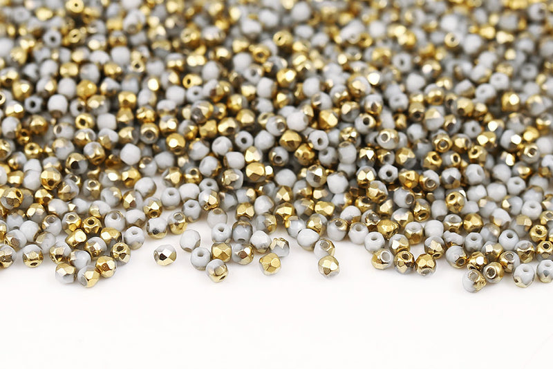 Czech Fire Polished 2.0mm Chalk Amber Round Beads