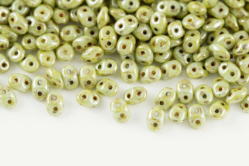 Superduo 5×2.5mm White On Green Glaze 2-Hole Glass Czech Beads