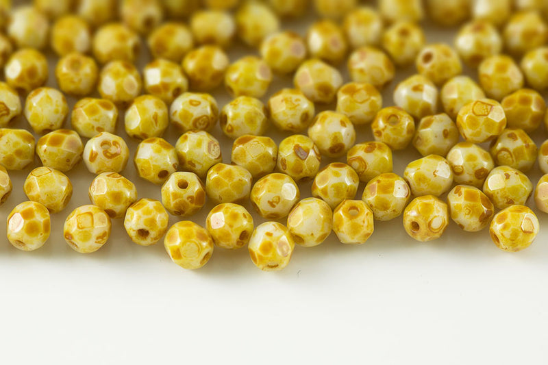 Czech Fire Polished 4mm Chalk Dark Travertin Round Beads