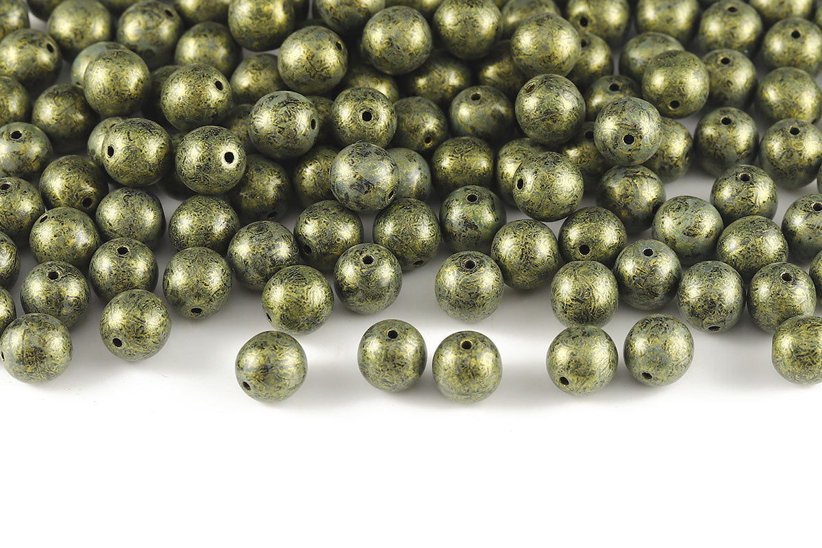 Round 8mm Black Amber Marble Finish 1-Hole Czech Beads