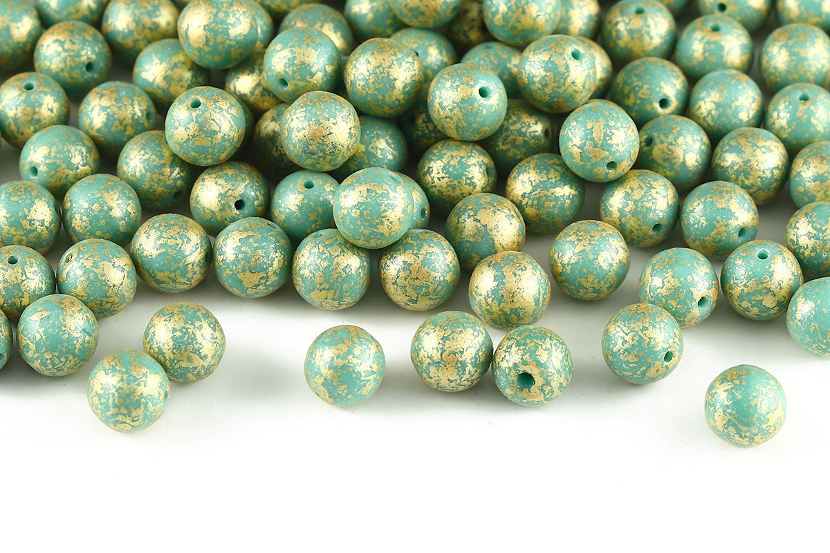Round 8mm Gold Splash Turquoise Green 1-Hole Czech Beads