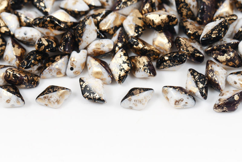 Gemduo 8×5mm Black/white Opaque Gold Splash 2-Hole Czech Beads