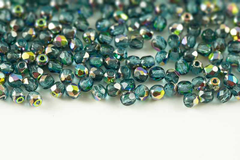 Czech Fire Polished 3mm Aqua Bohemica Double-Sided Vitrail Round Beads