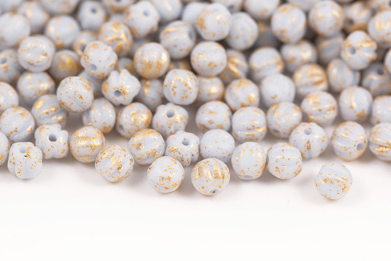 Melon 4mm Gold Splash Opaque lLt.Blue Czech Beads