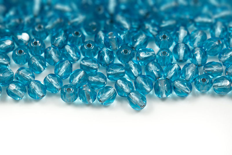 Czech Fire Polished 4mm Aqua Bohemica Silver Lined Round Beads