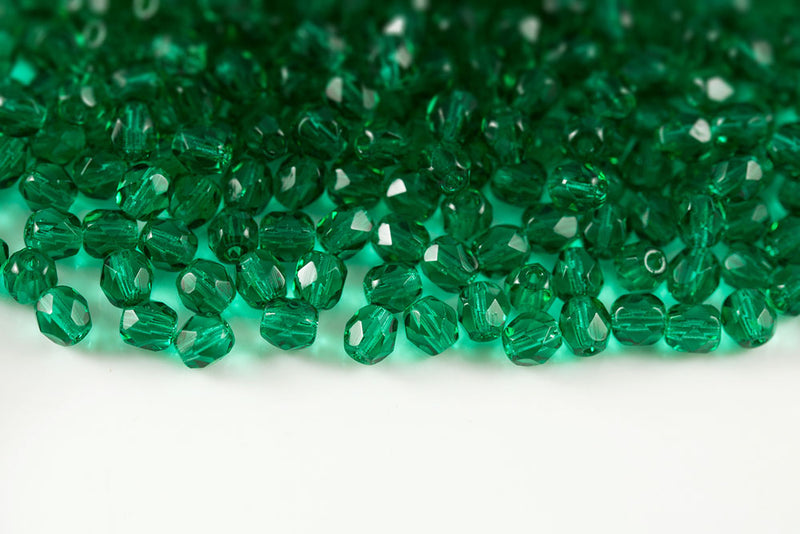 Czech Fire Polished 4mm Emerald Round Beads