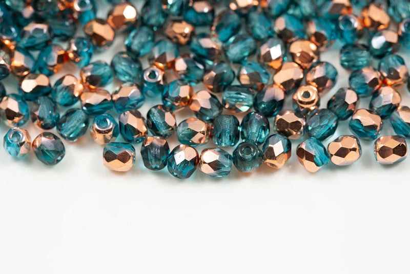 Czech Fire Polished 4mm Aqua Bohemica Capri Gold Round Beads