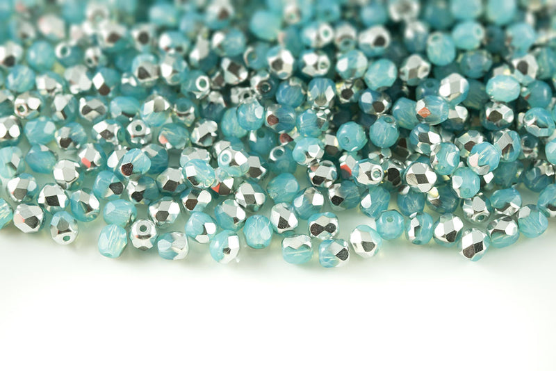 Czech Fire Polished 4mm Opal Drak Aqua Labrador Round Beads