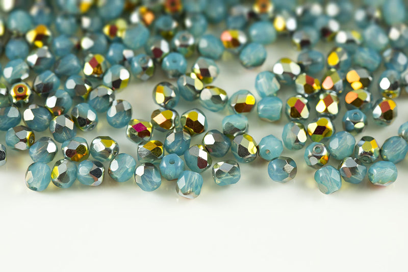 Czech Fire Polished 4mm Opal Drak Aqua Marea Round Beads