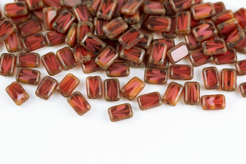 Rectangle 12×8mm Opal White Ruby Mixed Travertin 1-Hole Czech Beads
