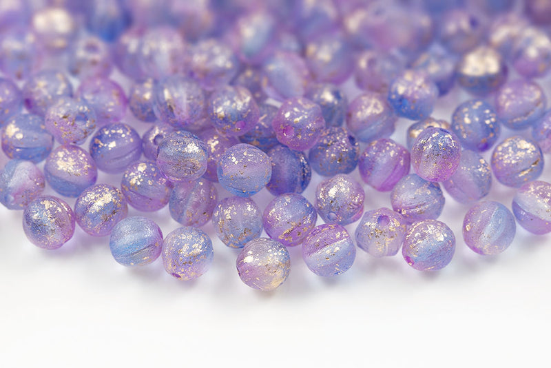 Melon 6mm Crystal Blue Violet Gold Powder Etched Finish Czech Beads