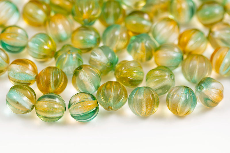 Melon 8mm Crystal Yellow Green Finish Czech Beads