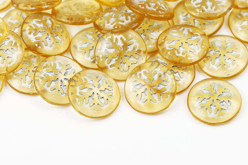 Snowflake Cabochons 21mm Lt.Amber Wiht Silver Nonporous Czech Glass Beads