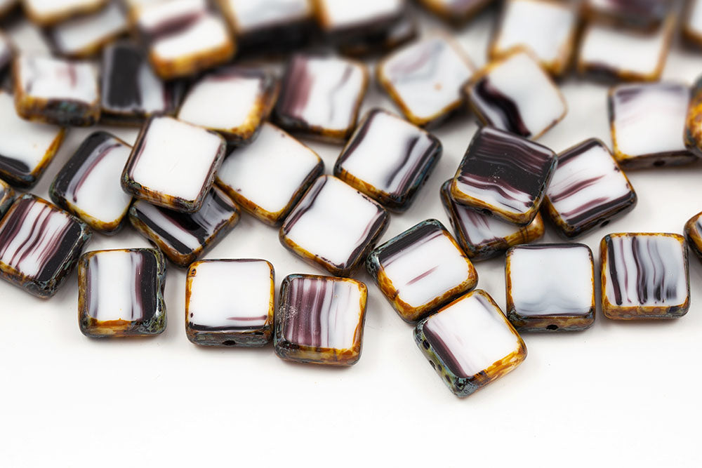 Flat Squared 10×10mm Chalk Black Mixed Travertine 1-Hole Czech Beads