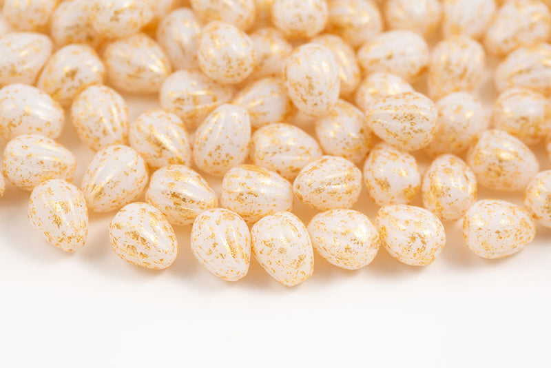 Melon Drops 11×9mm Gold Splash Chalk Czech Beads