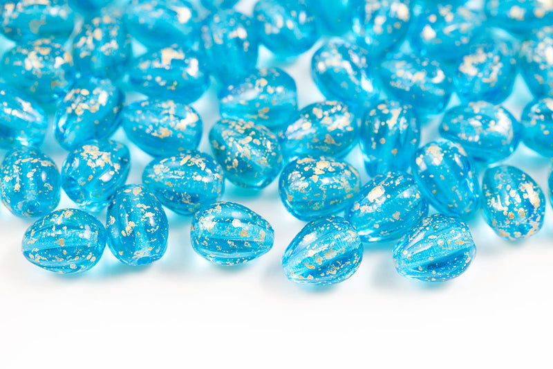 Melon Drops 11×9mm Gold Splash Aqua Czech Beads