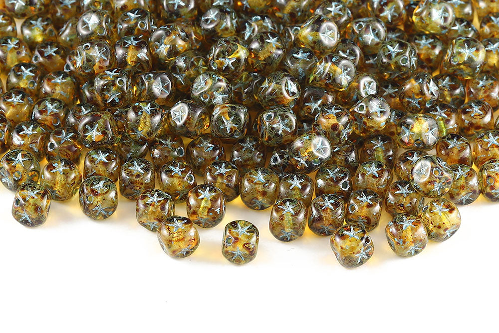 Star Cube 7×7mm Crystal Travertin With Blue 1-Hole Czech Beads