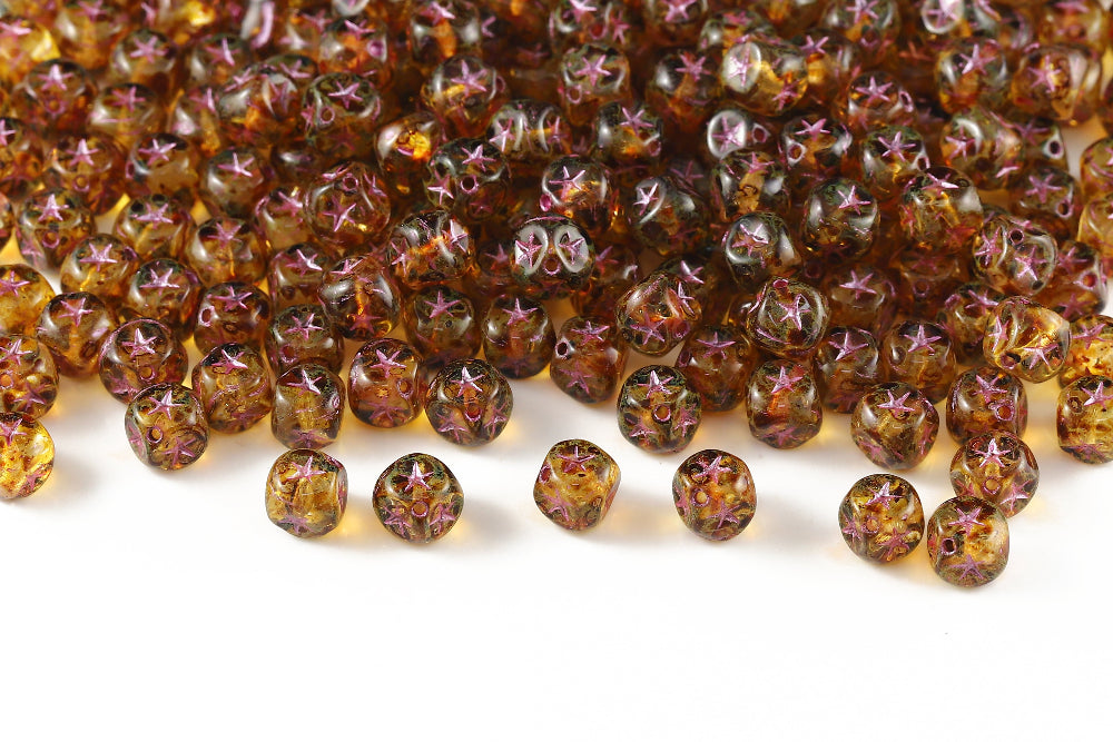 Star Cube 7×7mm Crystal Travertin With Pink 1-Hole Czech Beads