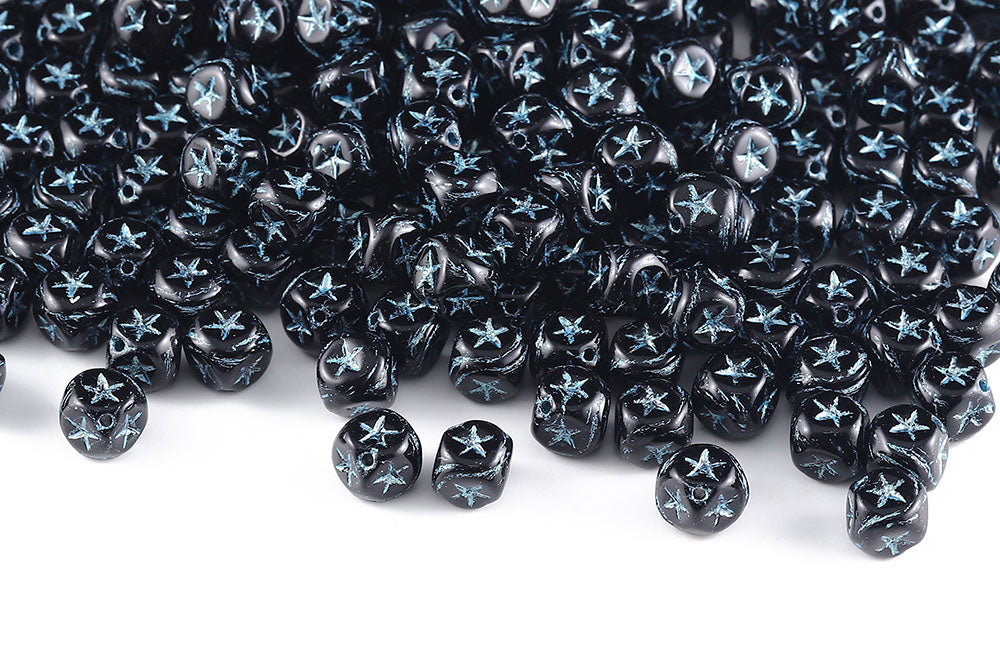 Star Cube 7×7mm Black With Blue 1-Hole Czech Beads