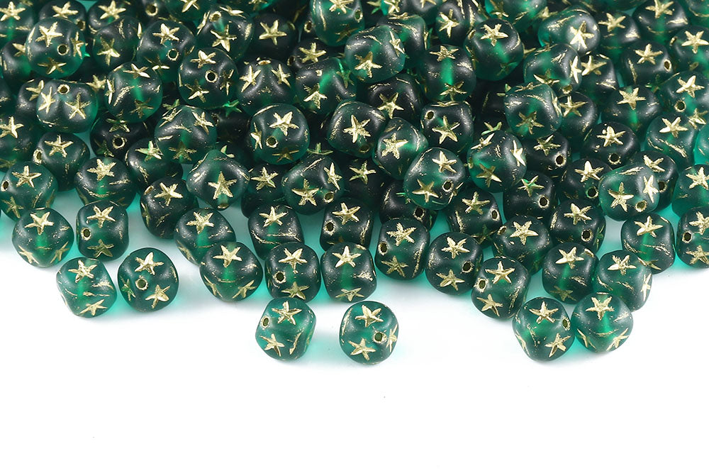 Star Cube 7×7mm Emerald Matt With Gold 1-Hole Czech Beads