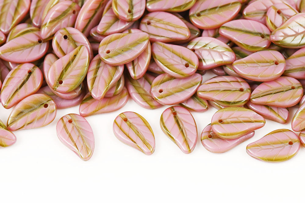 Elm Leaf 14×9mm Opaque Pink Olivine Mixed 1-Hole Czech Beads