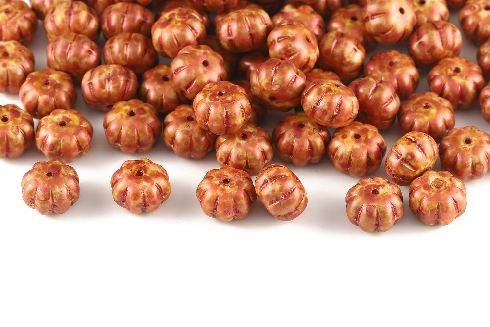 Pumpkin 11×8mm Alabaster Orange Marble 1-Hole Czech Beads