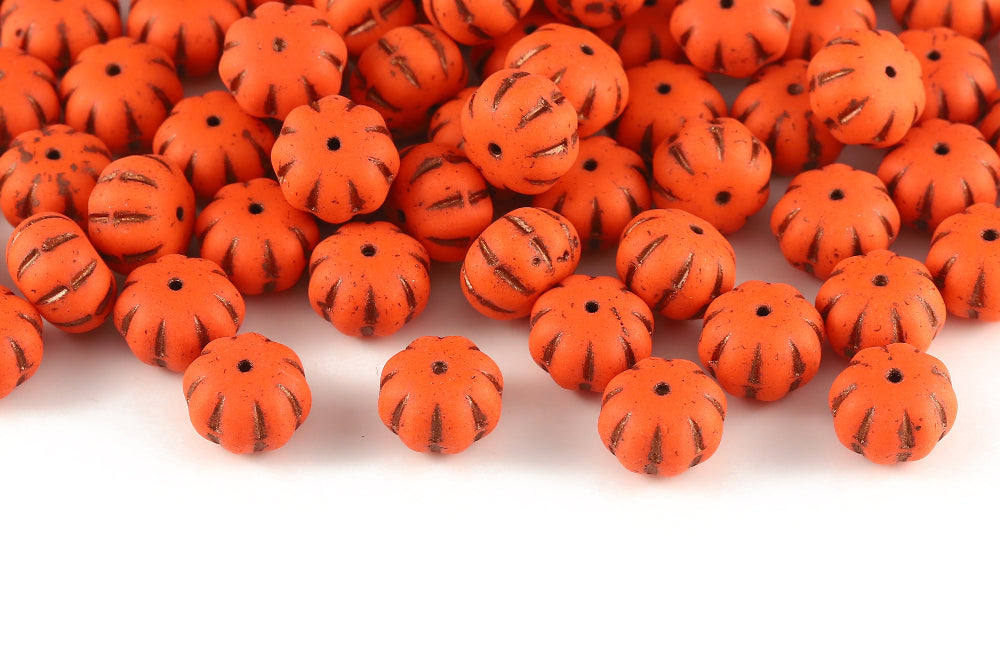 Pumpkin 11×8mm Opaque Orange With Copper Matt 1-Hole Czech Beads