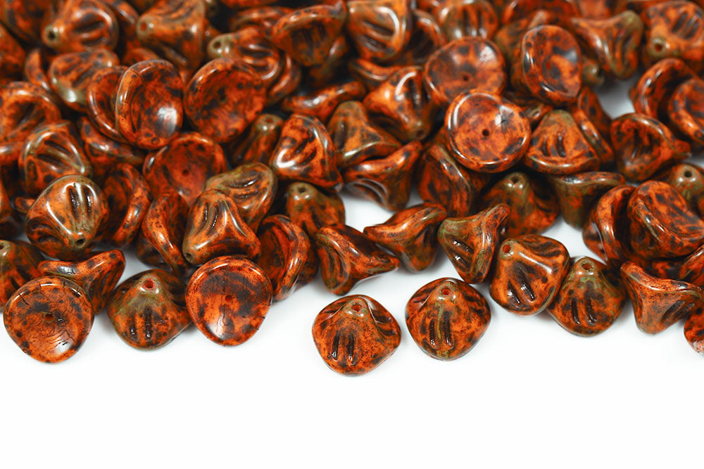 Daylily Flower 8×10mm Opaque Dark Orange Travetine 1-Hole Czech Beads