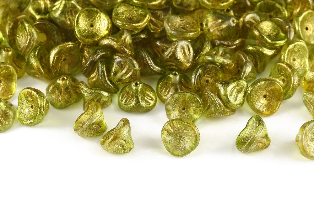 Daylily Flower 8×10mm Crystal With Gold Sparkling Yellow Green 1-Hole Czech Beads