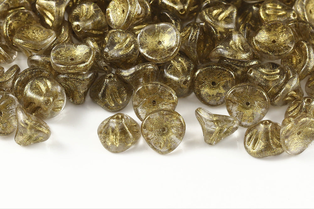 Daylily Flower 8×10mm Crystal With Gold Sparkling Gray 1-Hole Czech Beads