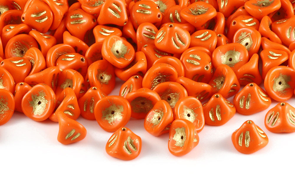 Daylily Flower 8×10mm Opaque Dark Orange With Gold 1-Hole Czech Beads