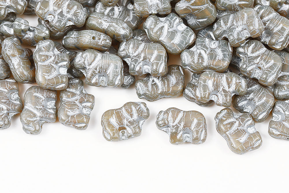Elephant 15×11mm Opal Brown With Silver 1-Hole Czech Beads