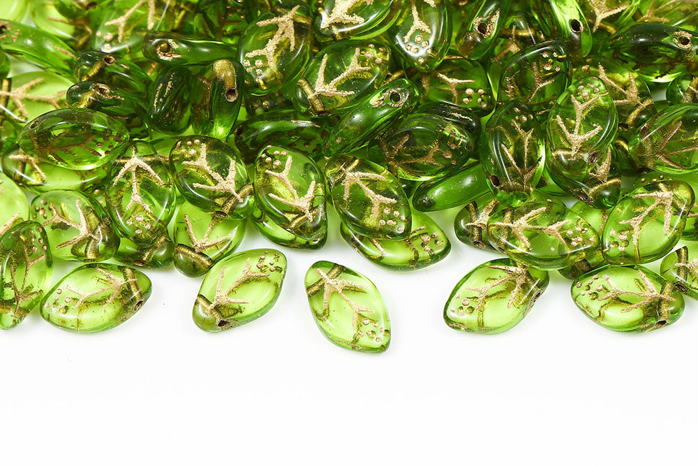 Cherry Leaf 12×7mm Lt.Olivine With Gold 1-Hole Czech Beads