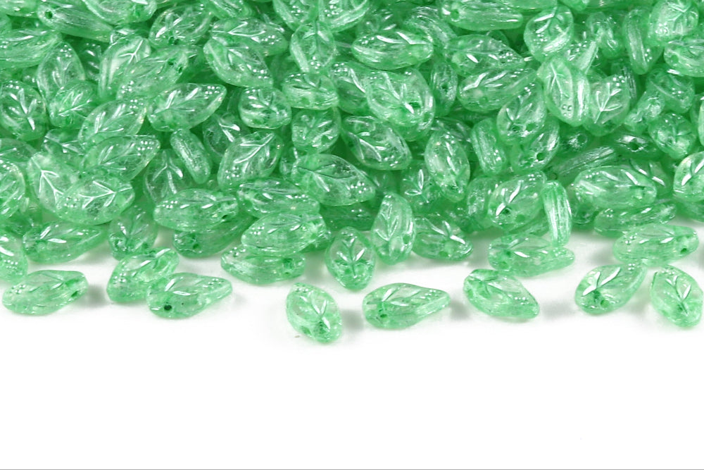 Cherry Leaf 10×6mm Crystal With Metallic Green 1-Hole Czech Beads