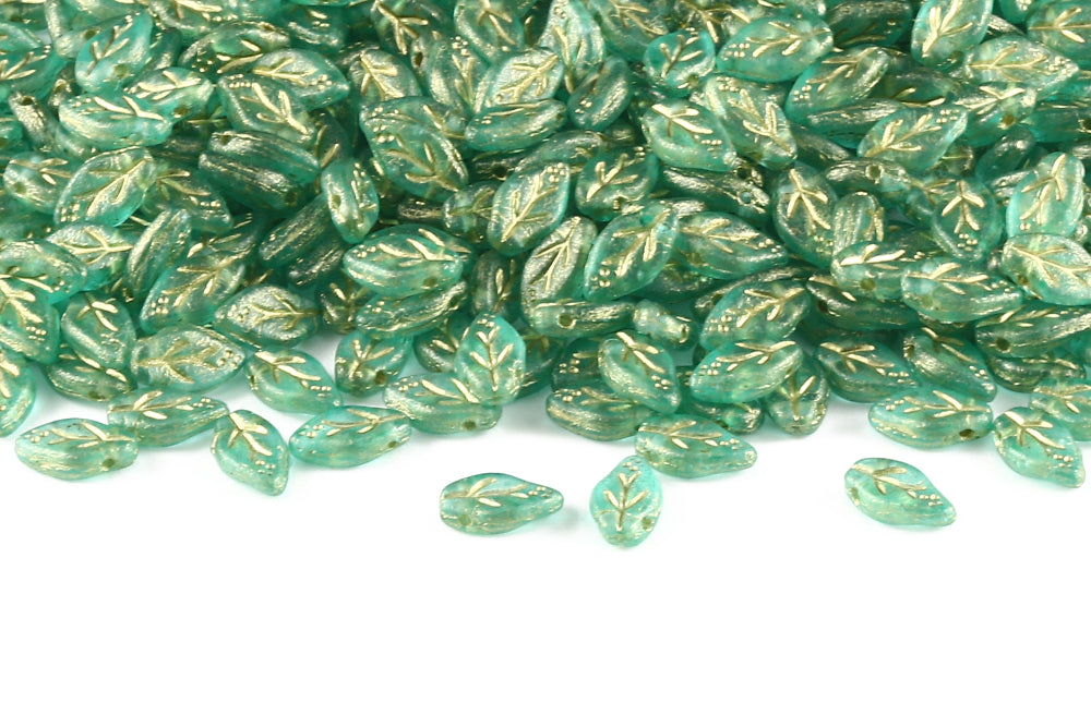 Cherry Leaf 10×6mm Crystal Sky Blue With Gold Matt 1-Hole Czech Beads