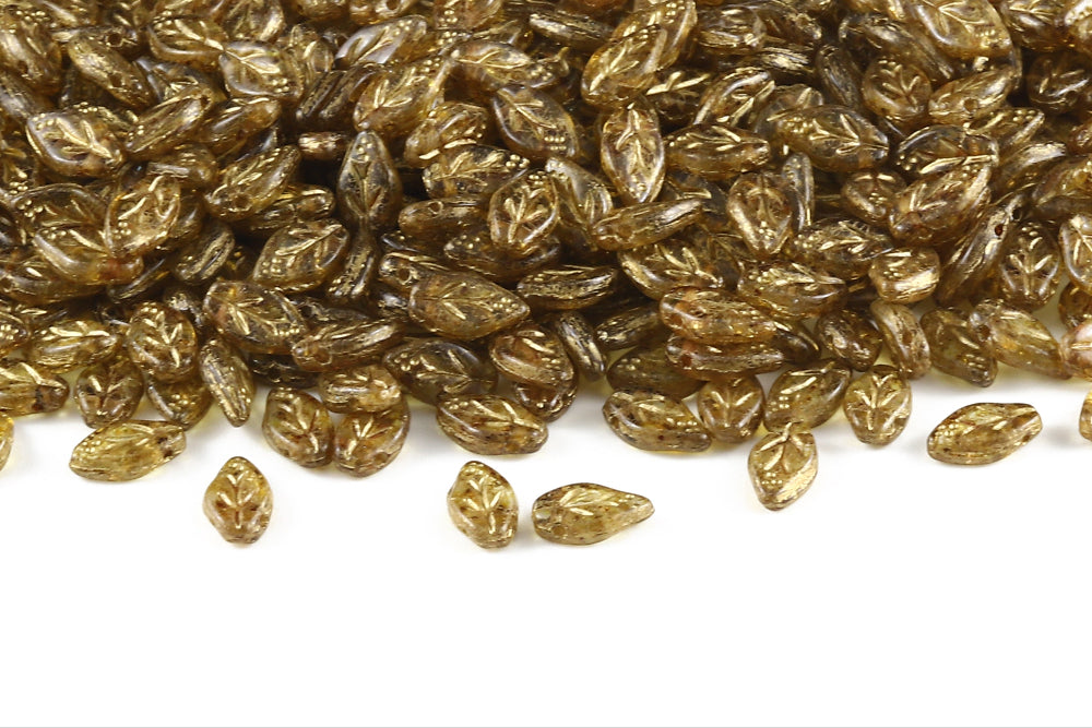 Cherry Leaf 10×6mm Crystal Travertin With Gold 1-Hole Czech Beads