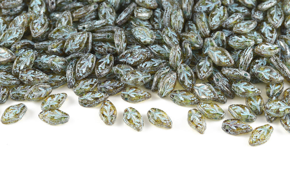 Cherry Leaf 10×6mm Crystal Travertin With Blue 1-Hole Czech Beads