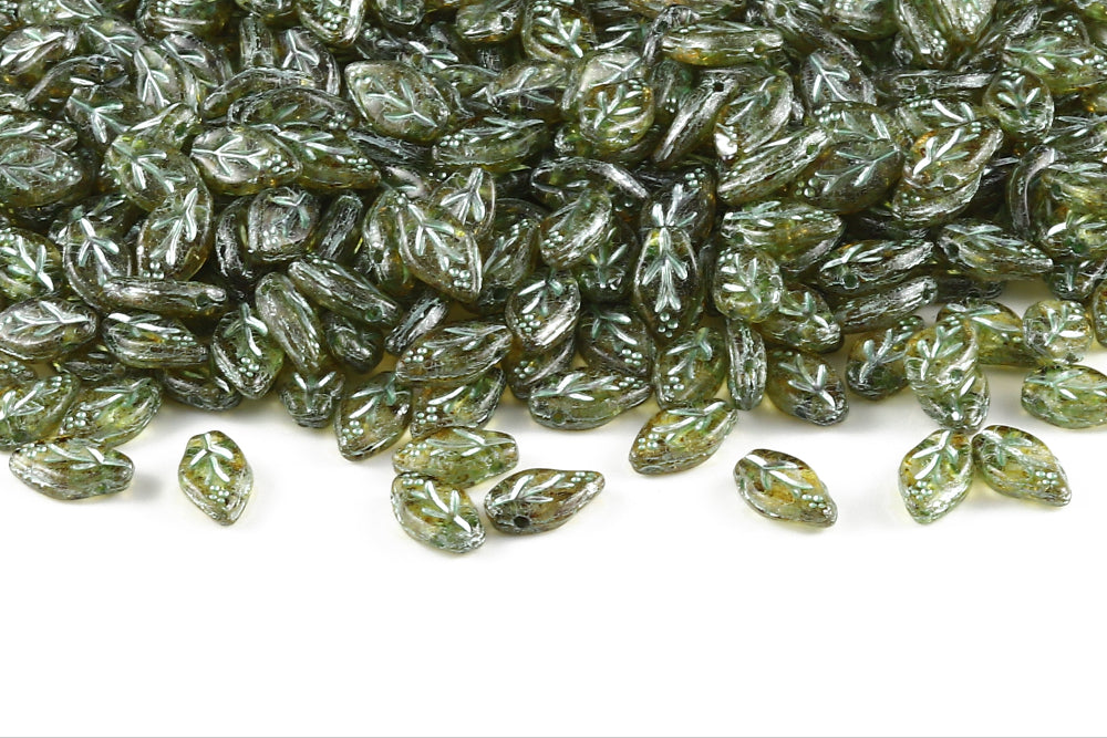 Cherry Leaf 10×6mm Crystal Travertin With Metallic Green 1-Hole Czech Beads