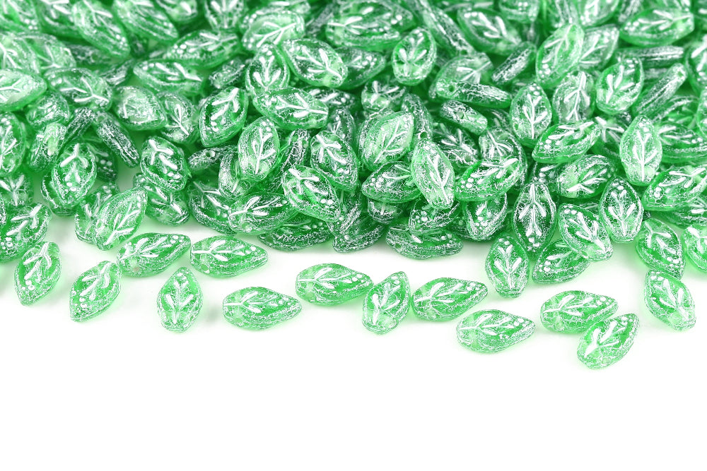 Cherry Leaf 10×6mm Crystal Green With White 1-Hole Czech Beads