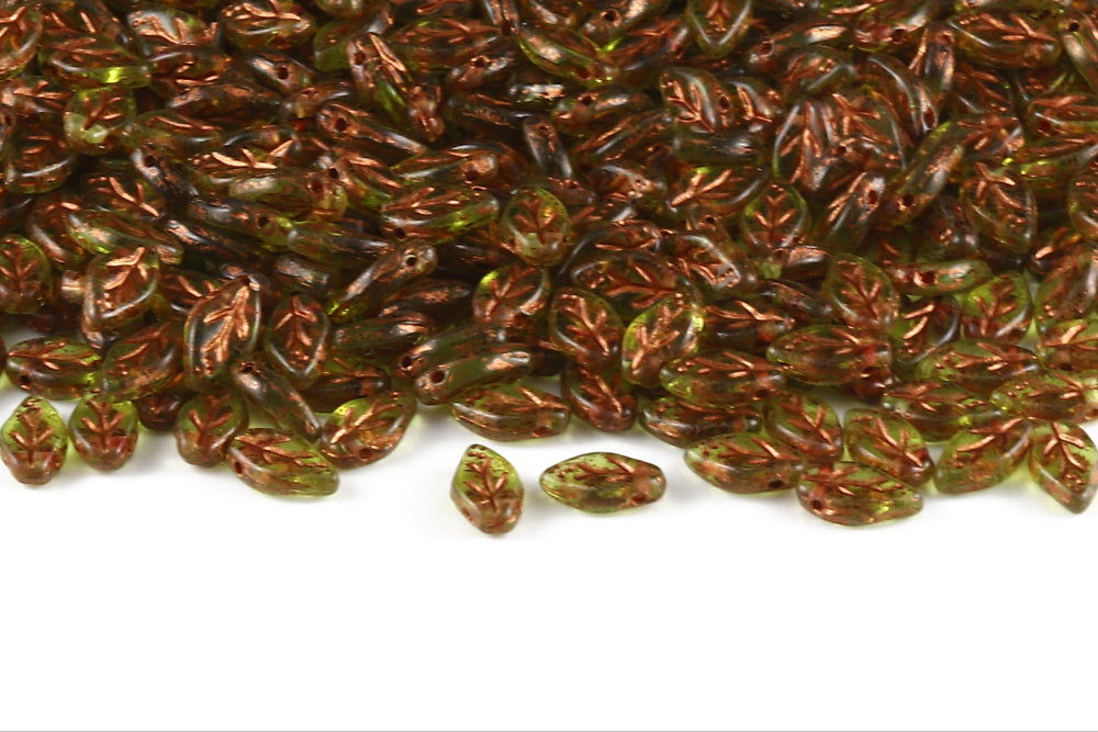 Cherry Leaf 10×6mm Crystal Green With Copper 1-Hole Czech Beads