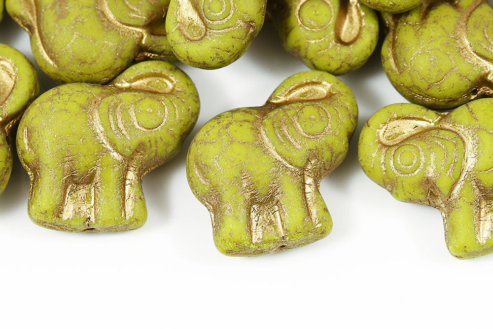 Elephant 20×21mm Opaque Olivine With Gold Matt 1-Hole Czech Beads