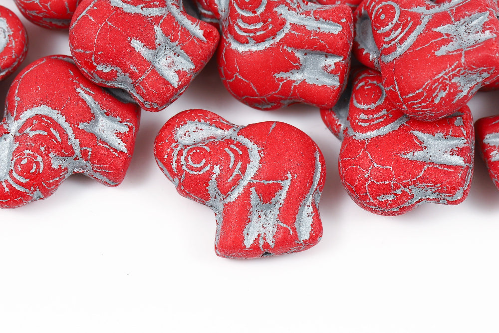 Elephant 20×21 mm Coral Red With Silver Matt 1-Hole Czech Beads