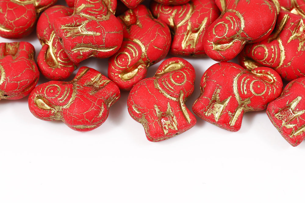 Elephant 20×21 mm Coral Red With Gold Matt 1-Hole Czech Bead