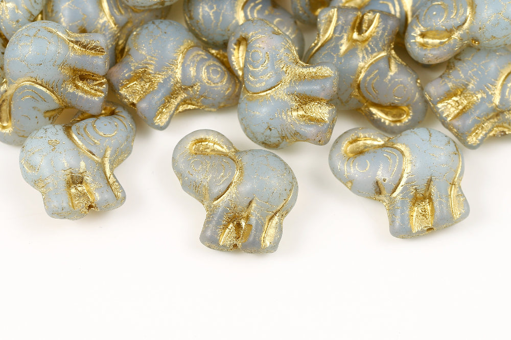 Elephant 20×21 mm Opal White With Gold 1-Hole Czech Beads