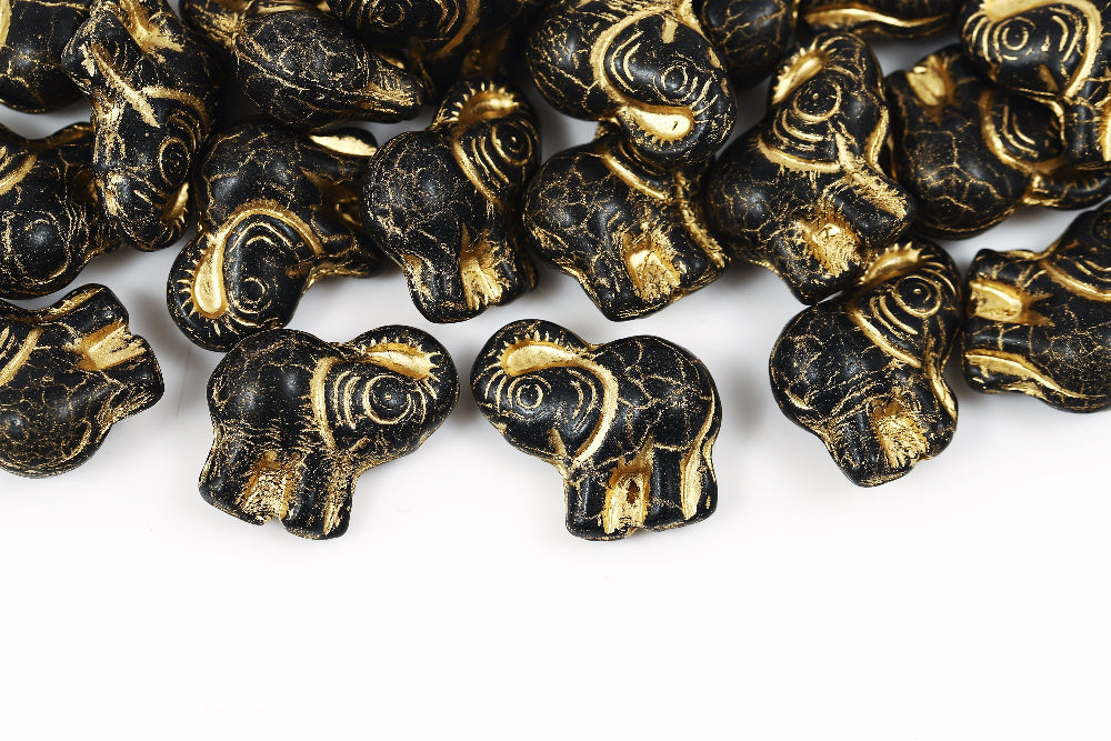 Elephant 20×21 mm Jet With Gold 1-Hole Czech Beads