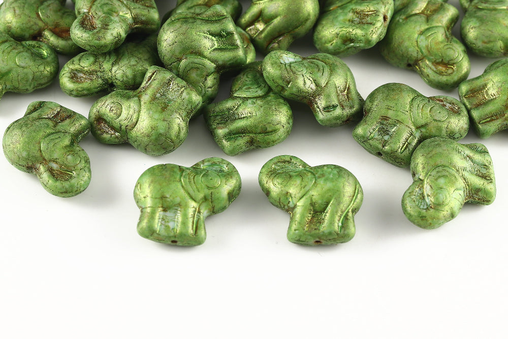 Elephant 20×21 mm Chalk Green Marble 1-Hole Czech Beads