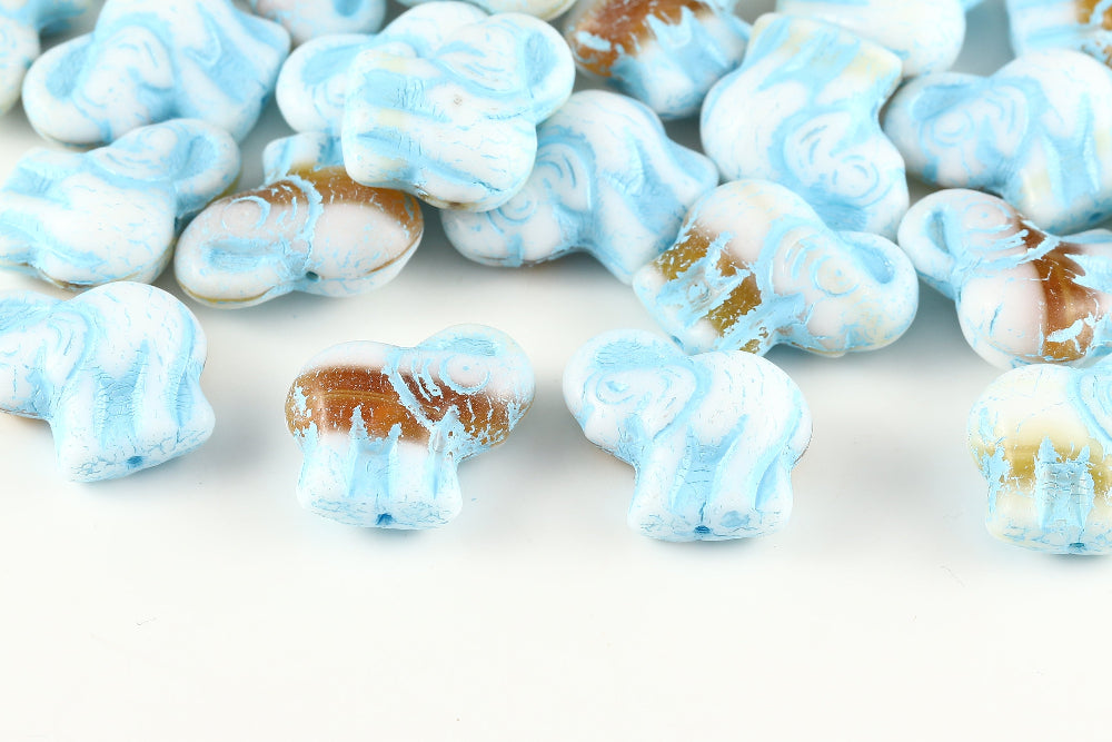 Elephant 20×21 mm Chalk Topaz Mixed With Blue 1-Hole Czech Beads